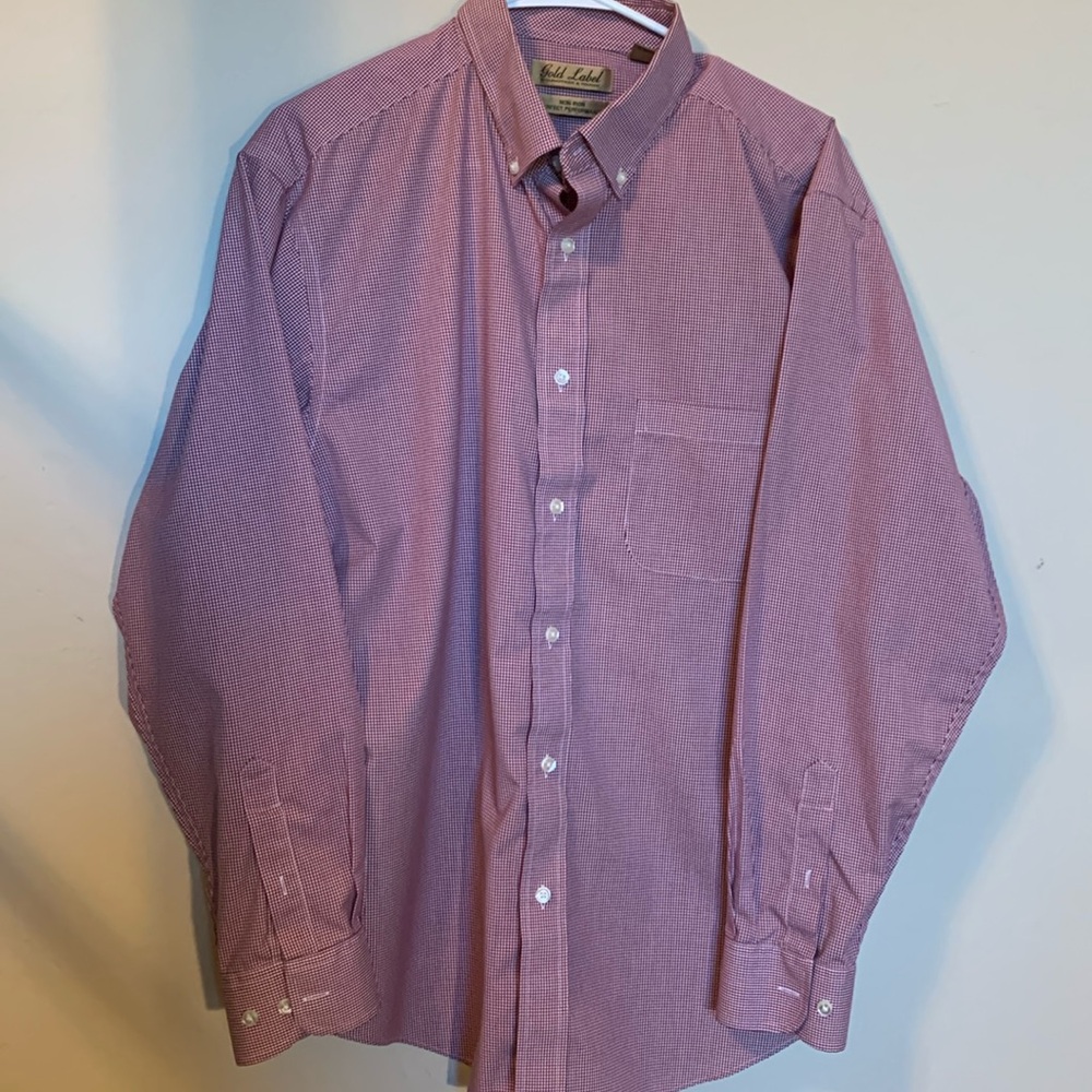 Men’s Red/White small check button-down collar shirt Large by Roundtree & Yorke